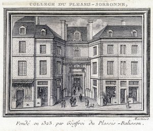 Uitzicht op de buitengevel van het college van Plessis Sorbonne (Parijs), gesticht in 1323 door Geoffroy van Plessis Balisson, gebruikt van 1848 tot 1849 door de ENA. Gravure bewaard in het Musée Carnavalet, Parijs door Unknown artist