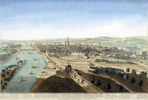 Zicht op de haven en de stad Rouen; Gravure uit de 18e eeuw