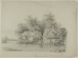 Watermolen en huisje met rieten daken door Unknown artist