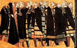 Rouwend in zwarte cape op het graf van Ridder Don Sancho Saiz de Carillo, detail van de fresco die het graf decoreert.