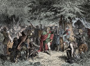Widukind roept zijn Saksen op tot de wapens - Widukind van Saksen (circa 750-810) roept de Saksen op om de wapens op te nemen tegen de Frankische invasie van Karel de Grote in 777 door Unknown artist