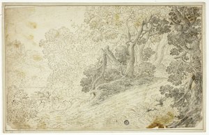 Bosrijk Rivierlandschap met Uitzicht op Kasteel door Unknown artist
