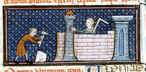 Arbeiders bouwen een versterkt klooster, miniatuur uit het midden van de 13e eeuw. Biblioteca Trivulziana door Unknown artist