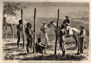Arbeiders uit de Nieuwe Hebriden (of sinds 1980, de Republiek Vanuatu, een Melanesische archipel in het noorden van Nieuw-Caledonië), bouwen een huis, die de auteur ontmoet tijdens een paardrijtocht. Gravure ter illustratie van de reis naar Nieuw-Caledonië door Unknown artist