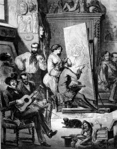 Werkplaats van een schilder in de 19e eeuw. Sommigen spelen muziek, anderen roken terwijl de schilder tekent. Gravure uit de 19e eeuw