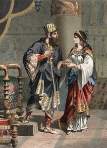 Xerxes I Achaemenid Koning van Perzië (519-465 v.Chr.) met zijn vrouw Amestris. Gravure van 1881 in 