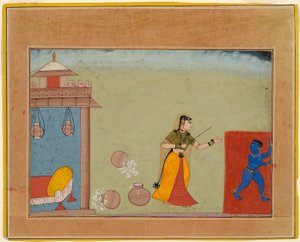 Yashoda kastijdt haar pleegzoon, de jeugdige Krishna, pagina uit een manuscript van de Bhagavata Purana