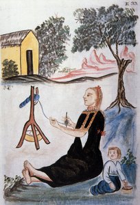 Jonge Indiaanse vrouw die wol spint, uit het boek "Trujillo del Peru" of "Códice Martínez Compañón", door Baltazar Martinez Compañón y Bujanda, bisschop van Trujillo (1782-1785) door Unknown artist