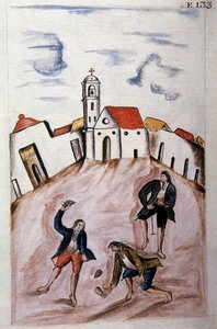 Jonge indianen spelen met een tol, uit het boek "Trujillo del Peru" of "Códice Martínez Compañón", door Baltazar Martinez Compañón y Bujanda, bisschop van Trujillo (1782-1785)