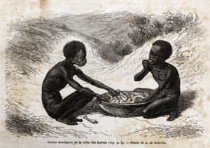Jonge bedelaars van de Kychi-stam (gelegen in de regio van de Boven-Nijl) die een maaltijd ruilen voor een paar bundels. Gravure ter illustratie van de reis naar het Albertmeer door Unknown artist