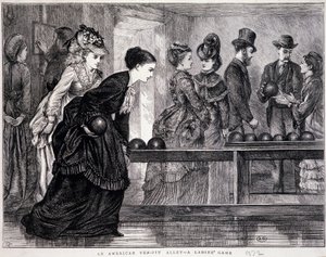 Jonge vrouwen die bowlen, in de Verenigde Staten, circa 1870 - gravure