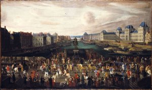 le Pont-Neuf, gezien vanaf de ingang van de place Dauphine, het Quai Malaquais met het college des Quatre-Nations in aanbouw, de Grote Galerie en het Louvre, rond 1665. Passage van een stoet op de brug, tussen 1665 en 1669 door Unknown artist