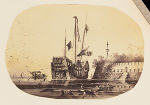 [Fotografische kopie van een tekening van een afgemeerd schip naast een fort]. door Unknown artist/maker