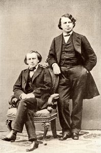Johannes Brahms (1833-1897) Duitse componist, zittend, met Joseph Joachim (1831-1907) Hongaarse violist en componist, en directeur van het Berlijns Conservatorium. Halftoon naar een foto