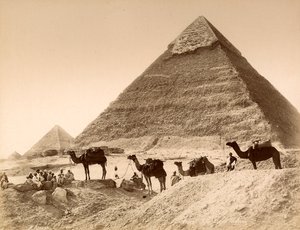 Mannen en kamelen voor de piramide van Chefren door Unknown photographer