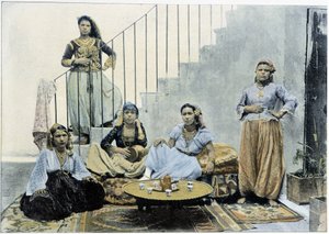 Moorse vrouwen uit Algiers die thee drinken - autochroom, eind 19e eeuw door Unknown photographer