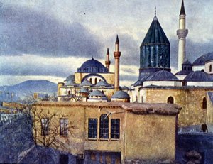 Zicht op het Mevlana Mausoleum in Konya (Turkije). Mevlana Celaleddin Rumi is de oprichter van de Orde van de Draaiende Derwisjen. Autochroom door Unknown photographer