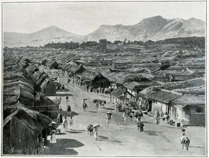 Uitzicht op de hoofdstraat van Seoul, hoofdstad van Korea in de 19e eeuw