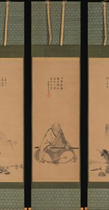 Zenmeester met meditatiestaf en Chinese landschappen, waarschijnlijk eind 1620s-1644