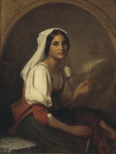 Een Italiaanse vrouw die vlas spint door Uno Troili