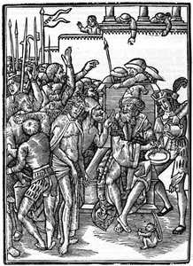 Christus voor Pontius Pilatus. Houtsnede van Urs Graf uit 1514. Privécollectie. Milaan.