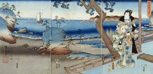 Prins Genji kijkt op het Suma Strand door Utagawa  Hiroshige and Kunisada