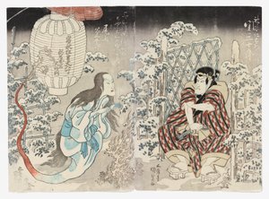 Seki Sanjūrō II als Kamiya Niemon en Onoe Kikugorō III uit Kamigata (Kudari) als de Lantaarngeest, Geprezen door de Drie Steden
