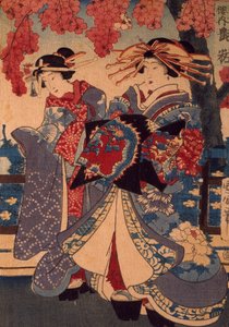 Twee vrouwen in een bloementuin, door Utagawa Kunisada, houtsnede, crepon techniek