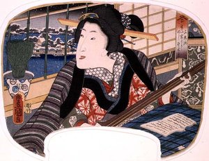 Winter, Shinobazu Vijver; Een geisha die een ballade oefent, ontwerp voor een waaier uit een set van vier die de seizoenen illustreren door Utagawa Kunisada