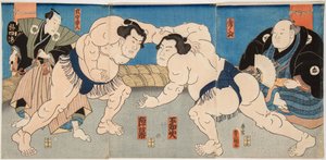 Gevecht van de sumoworstelaars Shiranui en Jimmaku