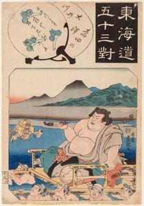 De rivier Oi (overgestoken door een sumoworstelaar zittend op een draagstoel) door Utagawa Kunisada