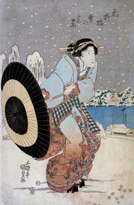 Nacht sneeuwscène bij Motonoyanagi-brug, ca. 1825 door Utagawa Kunisada