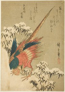 Een Gouden Fazant te Midden van Sneeuwbedekte Bamboe op een Steile Heuvel door Utagawa Hiroshige