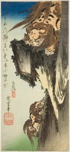 Een leeuw traint een welp door Utagawa Hiroshige