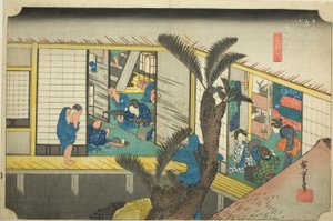 Akasaka: Serveersters in een Herberg, uit de serie Vijfenvijftig Stations van de Tokaido, ook bekend als de Hoeido Tokaido door Utagawa Hiroshige