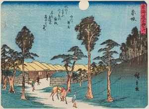 Akasaka, uit de serie "Drieënvijftig Stations van de Tokaido (Tokaido gojusan tsugi)," ook bekend als de Tokaido met Gedicht (Kyoka iri Tokaido)
