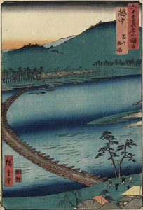 Bootbrug in Toyama, Etchu_ Provincie, september 1853 door Utagawa Hiroshige