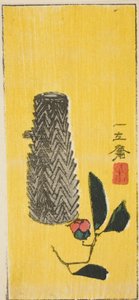 Camellia en mand, sectie van een ongetiteld harimaze-blad door Utagawa Hiroshige