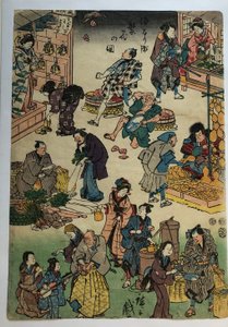 Personages uit toneelstukken in de rol van handelaars en klanten, uit de serie „De bloeiende Jōruri-wijk“ door Utagawa Hiroshige