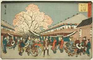 Kersenbloesemdag op de Nakanocho van de Yoshiwara (Yoshiwara Nakanocho Sakura no monbi), uit de serie "Beroemde plaatsen in Edo (Edo meisho)" door Utagawa Hiroshige