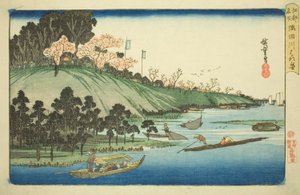 Kersenbloesems in volle bloei langs de Sumida-rivier (Sumidagawa hanazakari), uit de serie "Beroemde plaatsen in Edo (Koto meisho)" door Utagawa Hiroshige