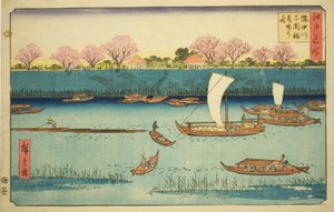 Kersenbomen langs de Sumida-rivierdijk bij het Mimeguri Inari-heiligdom (Sumidagawa Mimeguri Inari tsutsumi no hana), uit de serie "Beroemde plaatsen in Edo (Edo meisho)" door Utagawa Hiroshige