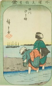Schelpengraven bij eb in Shinagawa (Shinagawa shiohigari), deel van een blad uit de serie "Uitgeknipte afbeeldingen van beroemde plaatsen in Edo (Edo meisho harimaze zue)"