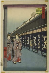 Cotton-goods Lane, Odenma-cho (Odenma-cho momendana), uit de serie "One Hundred Famous Views of Edo (Meisho Edo hyakkei)". door Utagawa Hiroshige