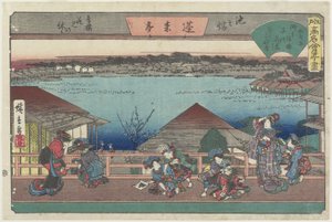 Courtisanes die kersenbloesems bekijken bij Ho_raitei in Ikenohata, ca. 1835-1842