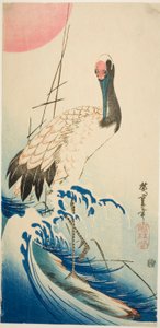 Kraanvogel, golven en opkomende zon door Utagawa Hiroshige