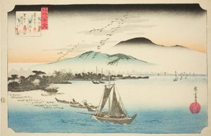 Neerdalende Ganzen bij Katada, uit de serie "Acht Zichten van Omi" door Utagawa Hiroshige