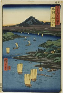 Provincie Dewa: Mogami rivier en een ver uitzicht op de Gassan berg (Dewa, Mogamigawa, Gassan enbo), uit de serie "Beroemde plaatsen in de zestig provincies (Rokujuyoshu meisho zue)". door Utagawa Hiroshige