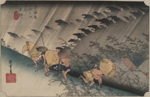 Regenbui bij Shono, uit de serie Drieënvijftig stations van de Tokaido door Utagawa Hiroshige