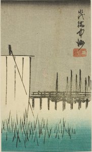 Eitai-brug, Nakasu, en Mitsumata (Eitaibashi Nakasu Mitsumata), sectie van een blad uit de serie "Uitknipsels van Beroemde Plaatsen in Edo (Harimaze Koto meisho)" door Utagawa Hiroshige